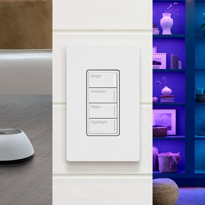 Lutron graphic showing a white “Bright, Entertain, Relax, Nightlight” keypad beside color-lit shelving
