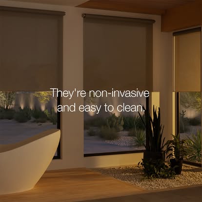 Lutron graphic over a dusk spa bathroom reading “They’re non-invasive and easy to clean.”