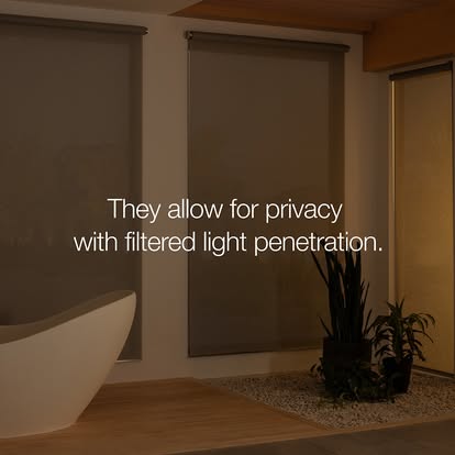 Lutron graphic over a dusk spa bathroom reading “They allow for privacy with filtered light penetration.”