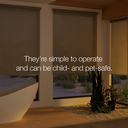 Lutron graphic over a dusk spa bathroom reading “They’re simple to operate and can be child- and pet-safe.”