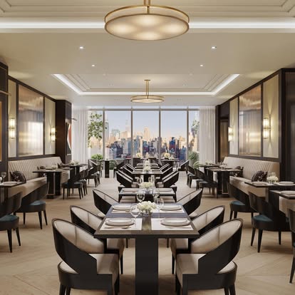 Upscale restaurant dining room with sheer drapery on floor-to-ceiling windows and a city skyline view