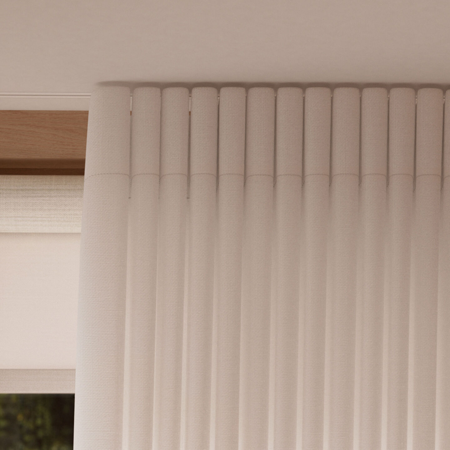 Close-up of ceiling-mounted Lutron Sivoia ripple-fold drapery in cream fabric with evenly spaced wave folds on a straight track