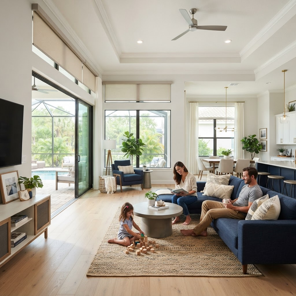 Modern open-concept living room in a gated Mallory Park home in Lakewood Ranch with a slider to a lanai, dressed in sleek motorized roller shades