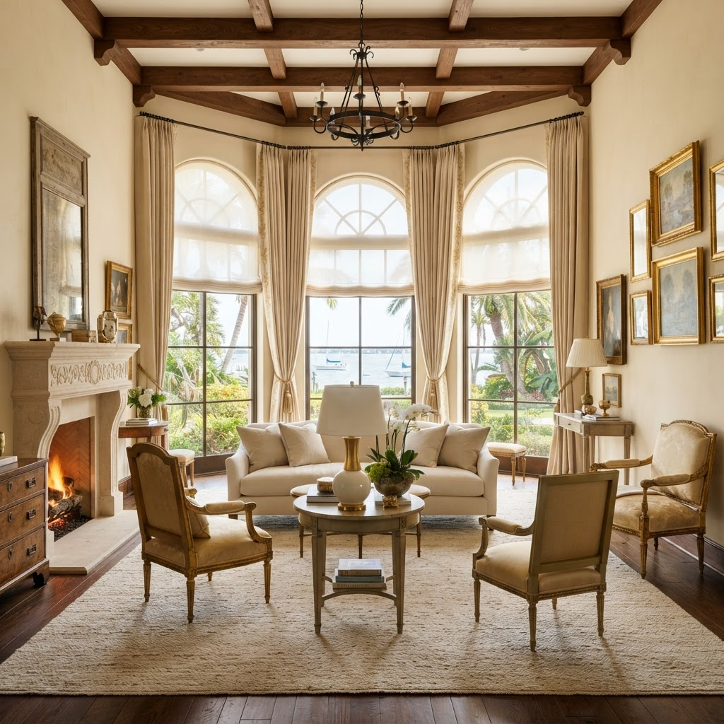 Living room in a historic Mediterranean-revival estate in McClellan Park, Sarasota, with arched windows dressed in custom drapery and motorized sheer shades