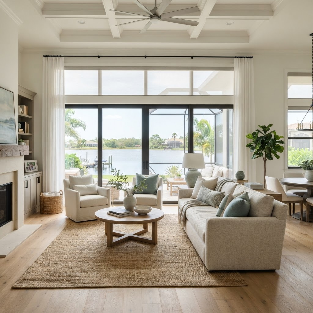 Lakefront living room in Mira Lago on Palmer Ranch with wide windows overlooking a lake, dressed in solar roller shades and a soft sheer drapery layer