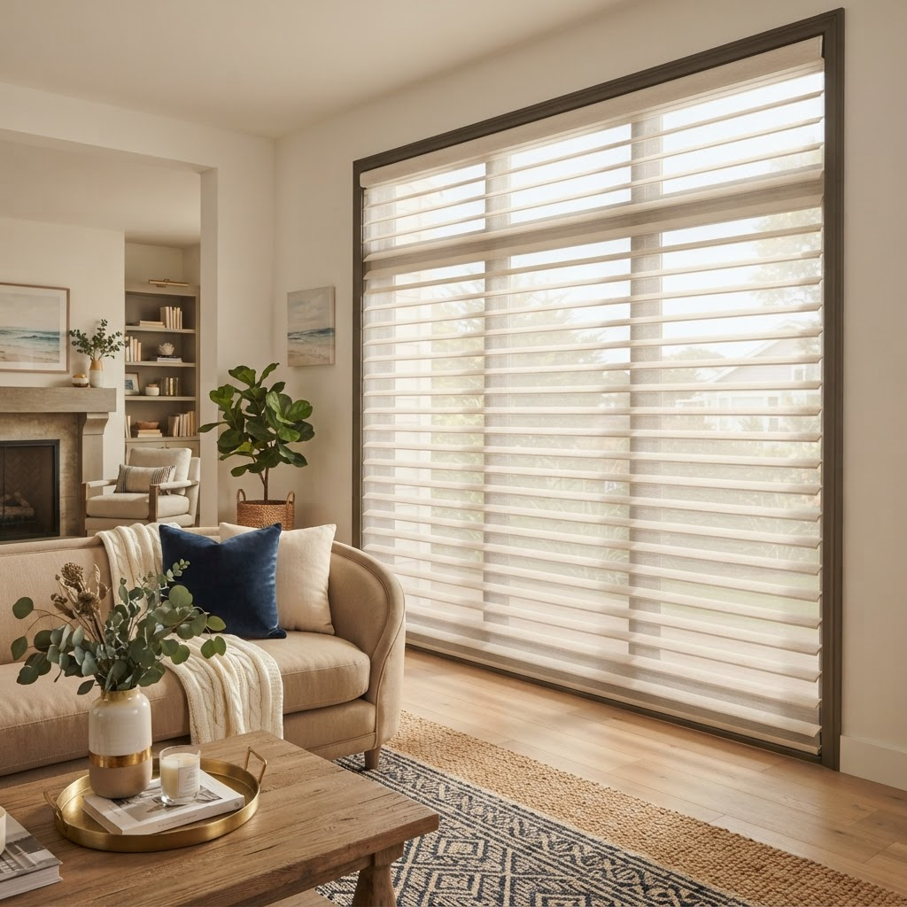 Sheer shades diffusing soft daylight beside a room with room-darkening shades