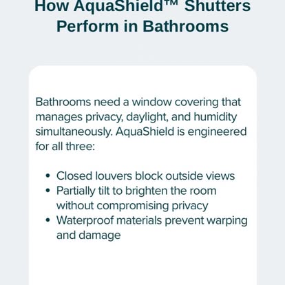 Norman graphic titled "How AquaShield Shutters Perform in Bathrooms" listing privacy, daylight, and humidity benefits