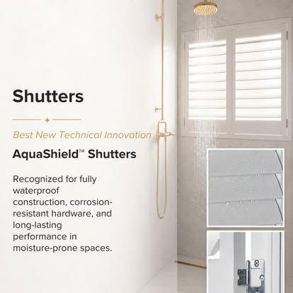 Norman graphic featuring AquaShield™ waterproof shutters in a walk-in shower