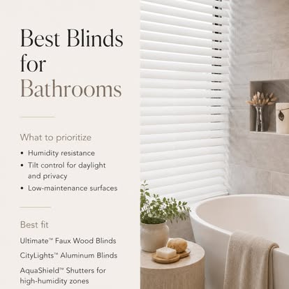 Norman guide graphic titled "Best Blinds for Bathrooms" beside white faux wood blinds