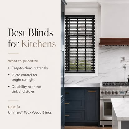 Norman guide graphic titled "Best Blinds for Kitchens" beside dark faux wood blinds in a navy kitchen