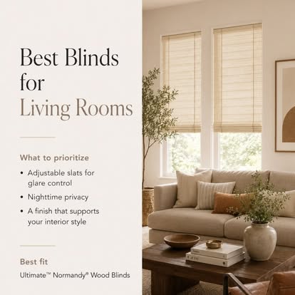 Norman guide graphic titled "Best Blinds for Living Rooms" beside natural wood blinds