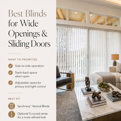 Norman guide graphic titled "Best Blinds for Wide Openings & Sliding Doors" with vertical blinds