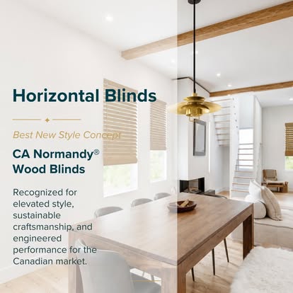 Norman graphic featuring CA Normandy® real wood horizontal blinds in a bright dining room