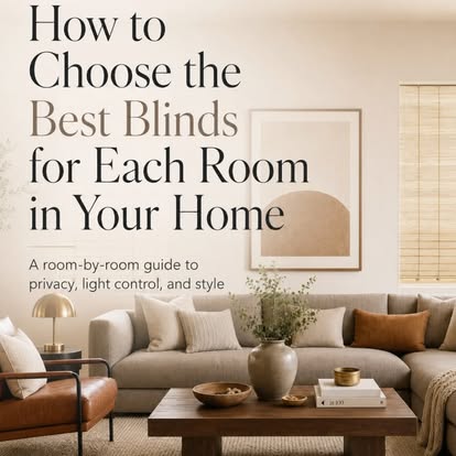 Norman guide graphic titled "How to Choose the Best Blinds for Each Room in Your Home"