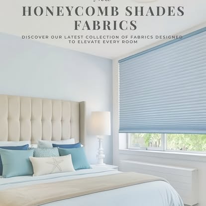 Norman "Honeycomb Shades Fabrics" graphic featuring a blue cellular shade in a coastal bedroom