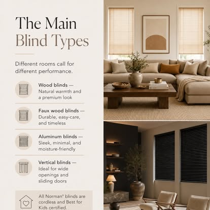 Norman guide graphic explaining the main blind types: wood, faux wood, aluminum, and vertical