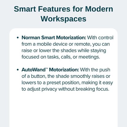 Norman "Smart Features for Modern Workspaces" graphic describing Smart Motorization and AutoWand™