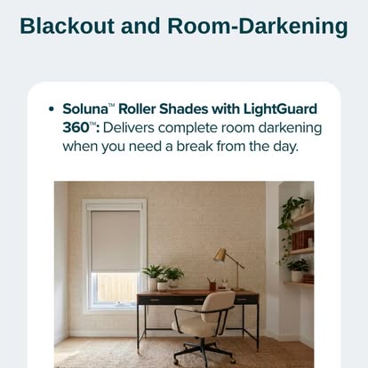Norman "Blackout and Room-Darkening" graphic featuring Soluna™ roller shades in a home office