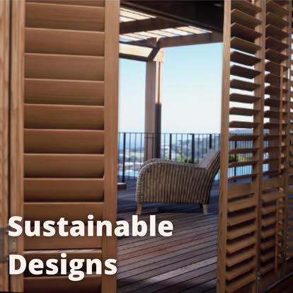 Norman "Sustainable Designs" graphic featuring real wood shutters framing an outdoor deck and view