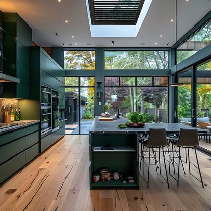 Modern dark-green kitchen with a skylight and floor-to-ceiling glass opening onto a garden