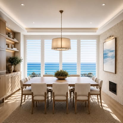 Plantation shutters across a coastal dining room with an ocean view beyond