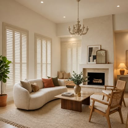 Plantation shutters flanking a fireplace in a cream living room with curved sofa