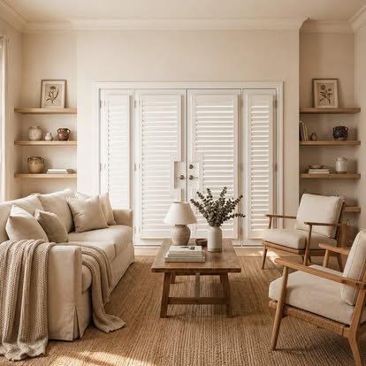 White plantation shutters on French doors in a neutral, sunlit living room
