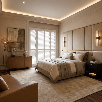 White Norman plantation shutters framing tall windows in a warm, layered luxury bedroom