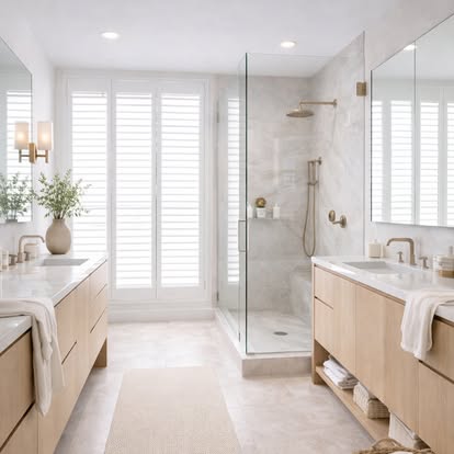 White plantation shutters in a bright spa-like primary bathroom with dual wood vanities and a glass shower