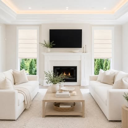 Cream Roman shades flanking a fireplace in a bright, all-white living room