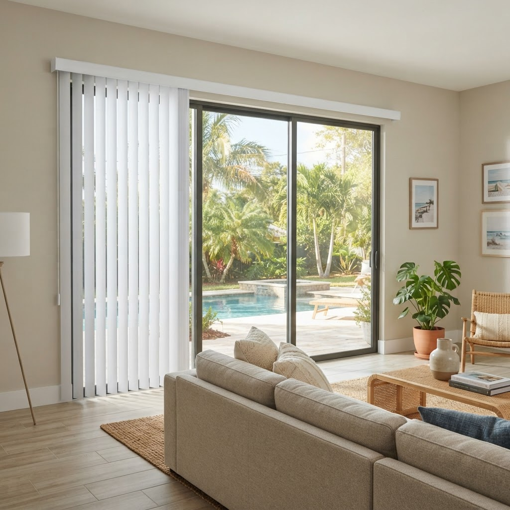 Crisp white Norman vertical vinyl blinds covering a sliding glass door in a modern living room
