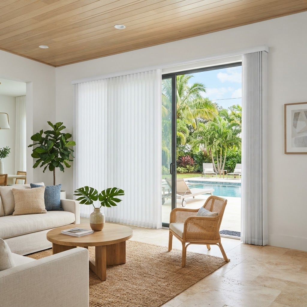 White Norman portrait vertical honeycomb shade drawn across a sliding glass door in a modern living room