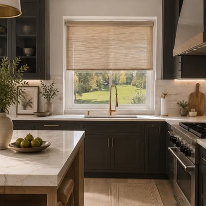 Natural woven shade over a kitchen sink window with a green lawn view beyond