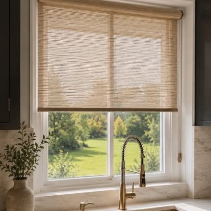 Light natural woven roller shade over a kitchen window framed by dark cabinetry