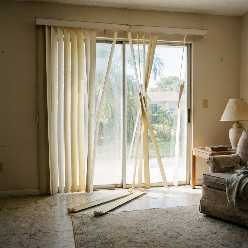 Old white vinyl vertical blinds on a sliding glass door with several vanes crooked, unhooked, and fallen out of the headrail
