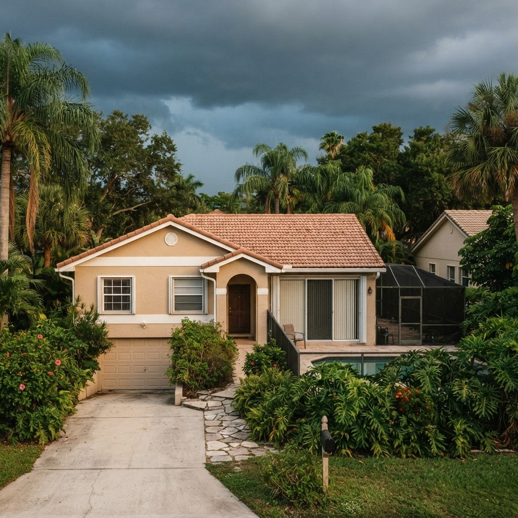 Established older Florida home with original windows and sliding doors under a pre-storm sky