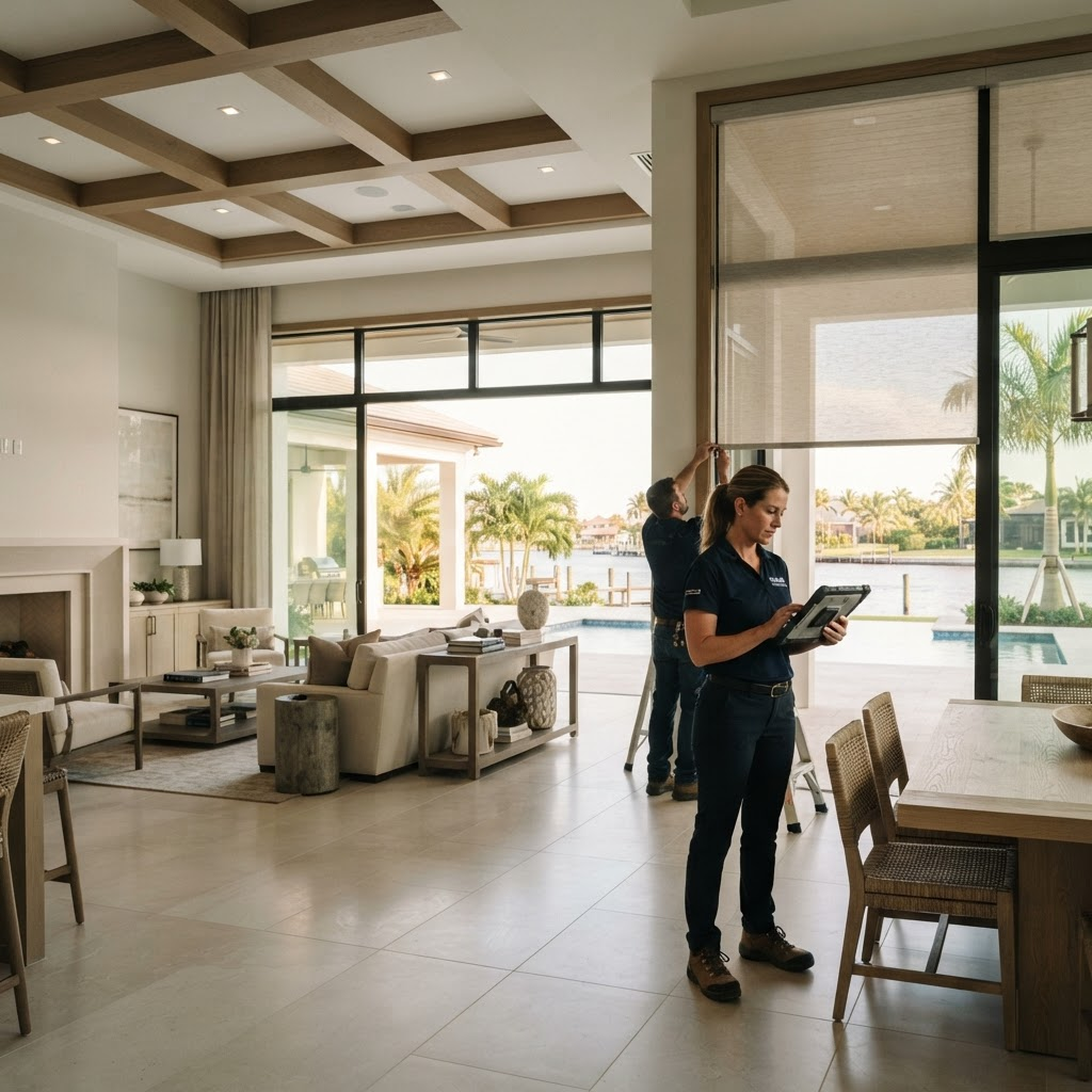 Builder and designer reviewing window treatment specifications on a job site