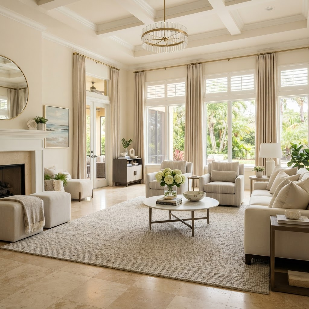 Real estate agent showing a bright, beautifully staged home with elegant window treatments