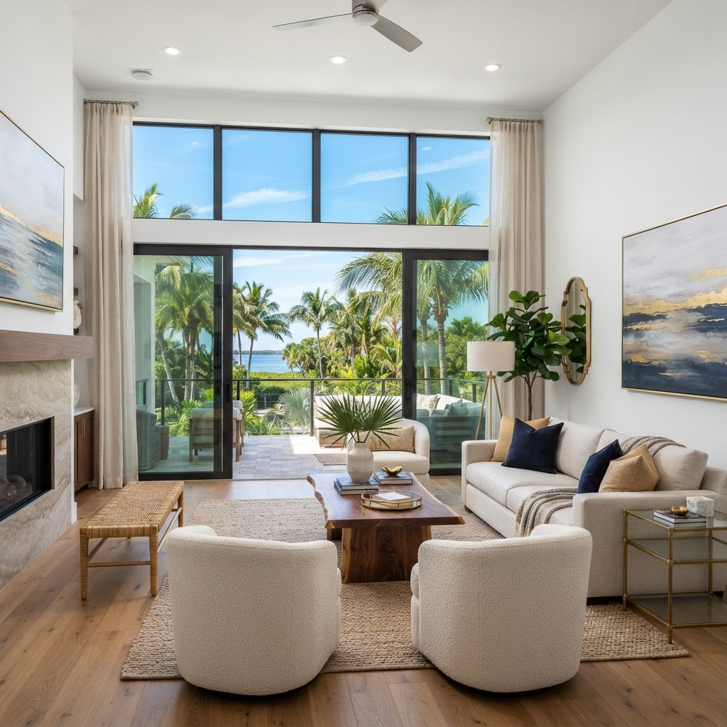 Bright Florida living room with hurricane impact-rated windows and clean aluminum frames