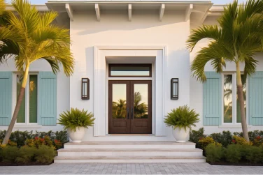 Florida coastal home with dark-wood ODL estate double doors flanked by palms