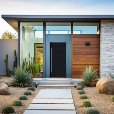 Desert contemporary home with a sleek black ODL door and horizontal wood cladding