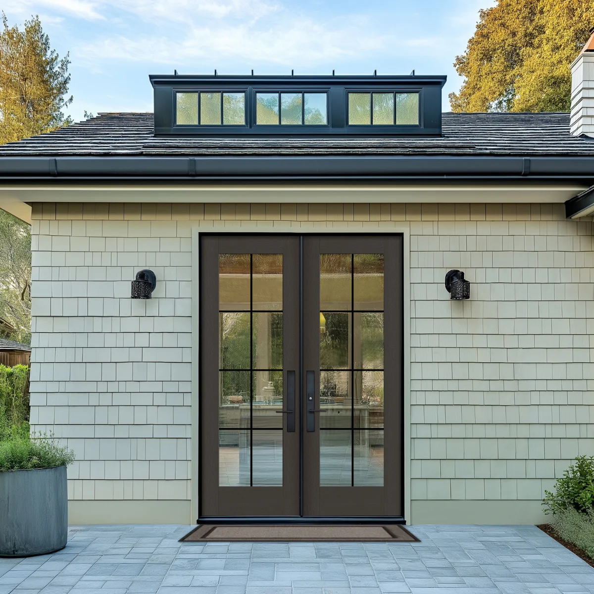 Shingle-style home with dark divided-lite ODL French double doors opening to a patio