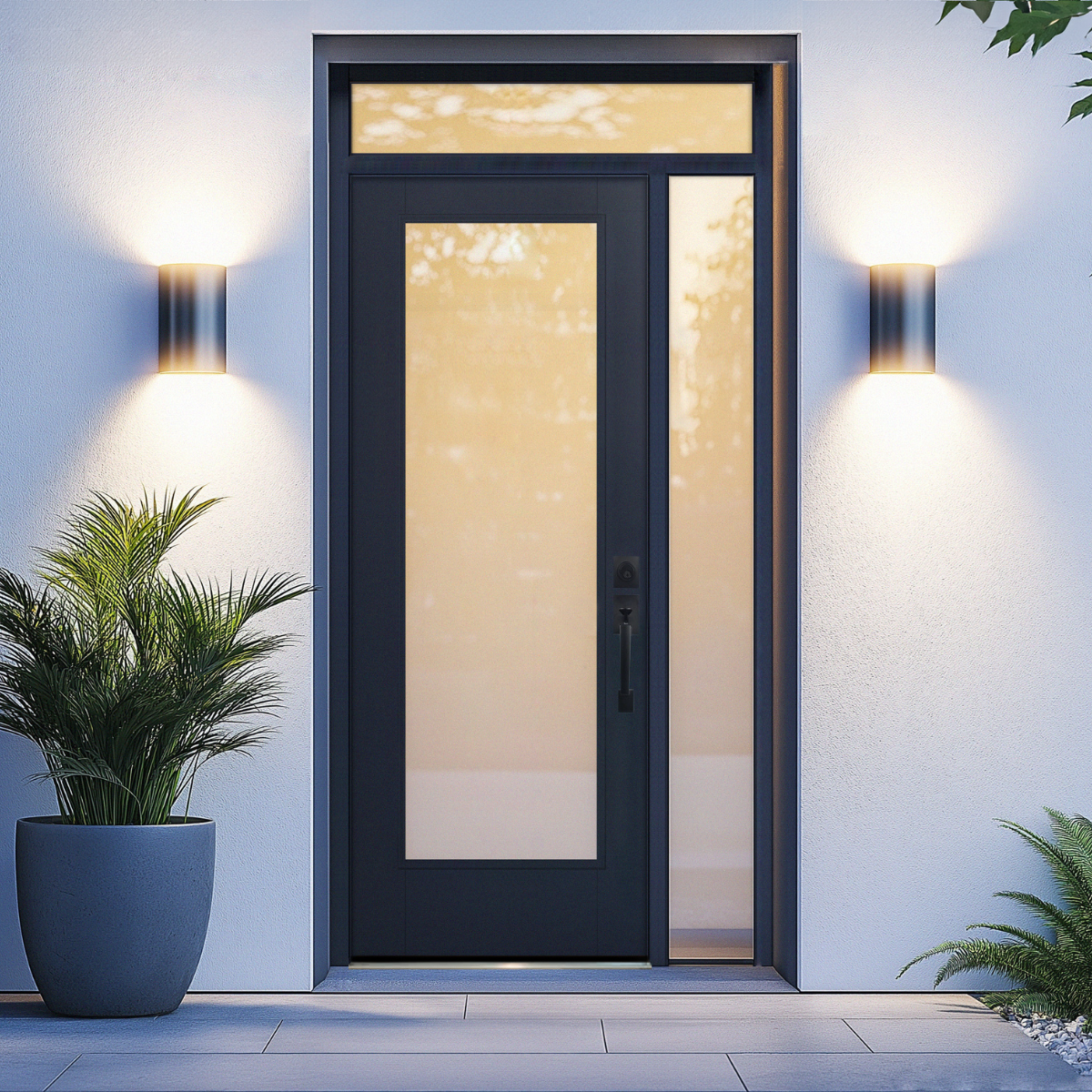 Black full-light ODL fiberglass entry door with transom and sidelight framed by wall sconces