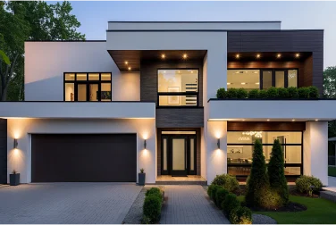 Modern white-and-wood home with a dark ODL single-light entry door and full-height glass sidelights