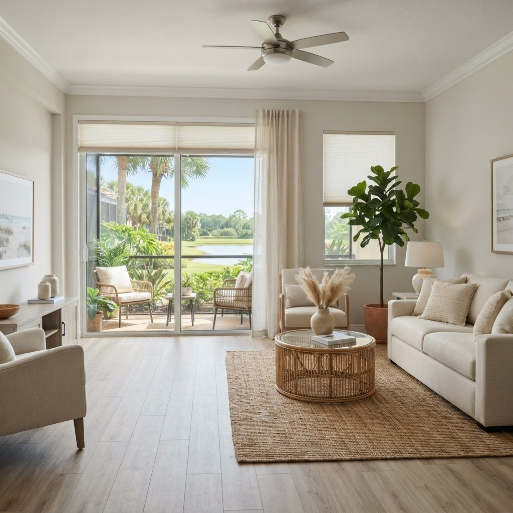 Bright gated condominium living room in Pinestone at Palmer Ranch with a sliding-glass door to a screened lanai overlooking a courtyard and lake, dressed in cordless cellular shades and a light sheer