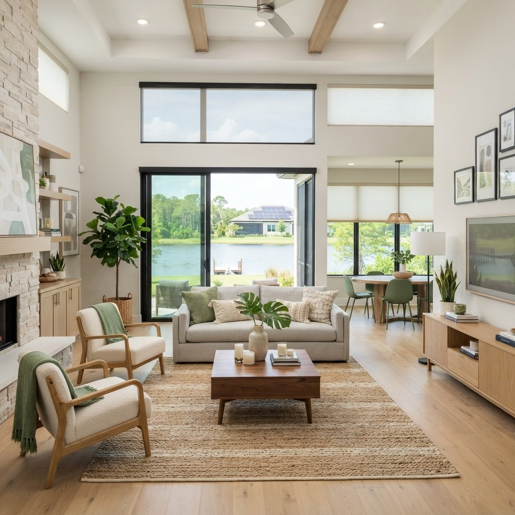 Contemporary living room in a gated solar-powered home in Polo Run, Lakewood Ranch, with energy-efficient windows facing a lake, dressed in insulating cellular shades and motorized solar roller shades