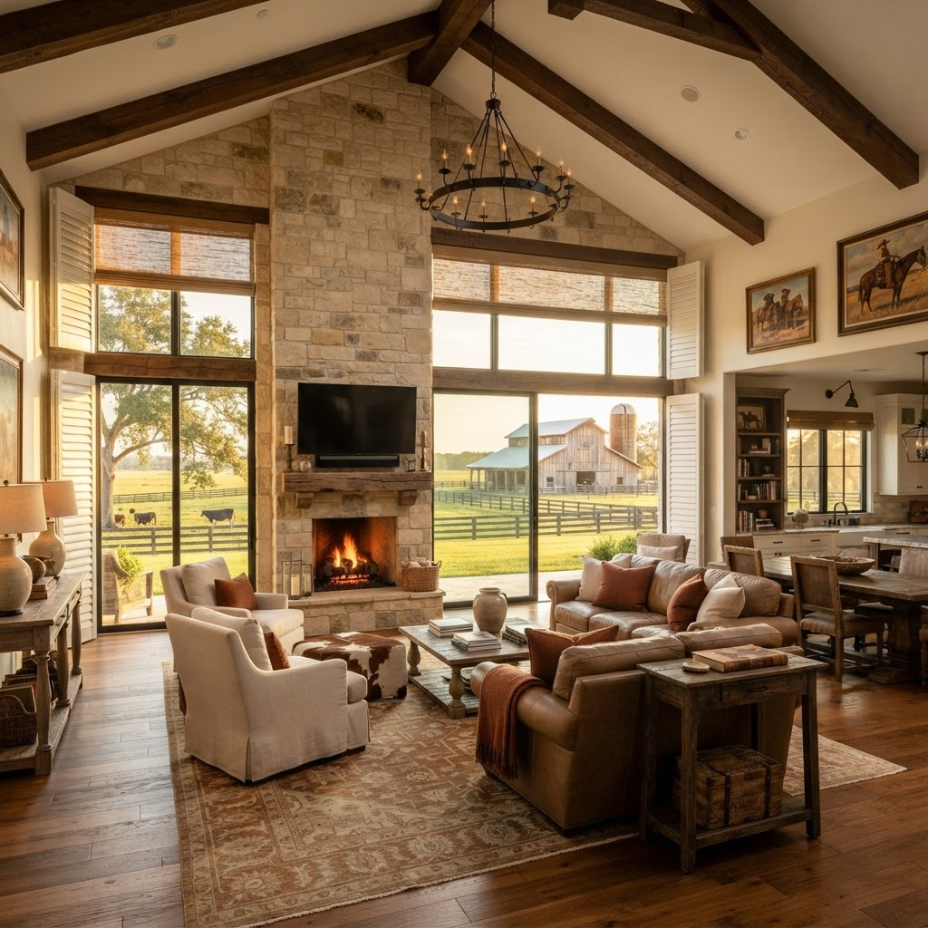 Great room in a sprawling ranch estate in Pomello Park near Myakka City with expansive windows overlooking acres of pasture and a barn, dressed in motorized roller shades and plantation shutters