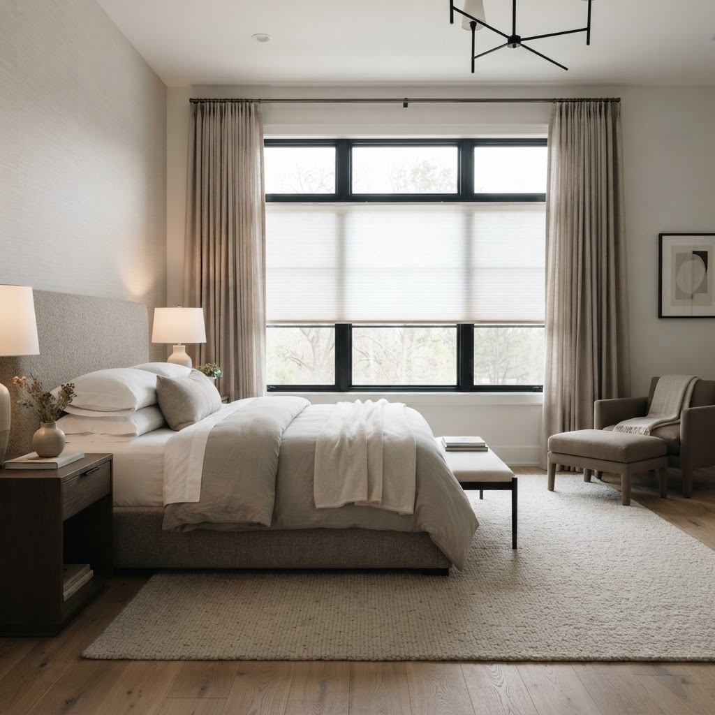 A modern bedroom window layered with a light-filtering cellular shade and floor-length drapery for privacy