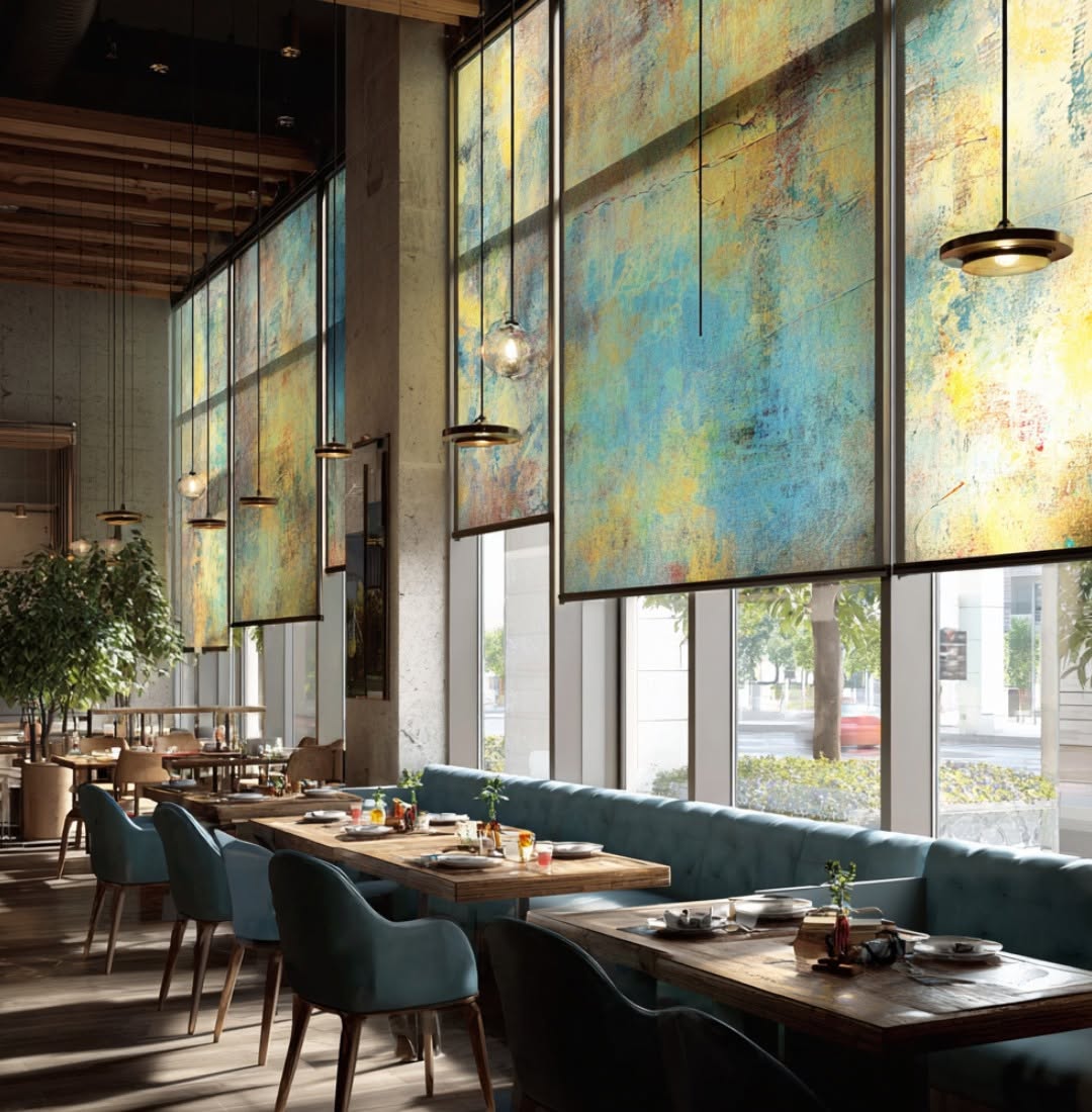 Restaurant dining room with roller shades managing afternoon sun over a wall of windows