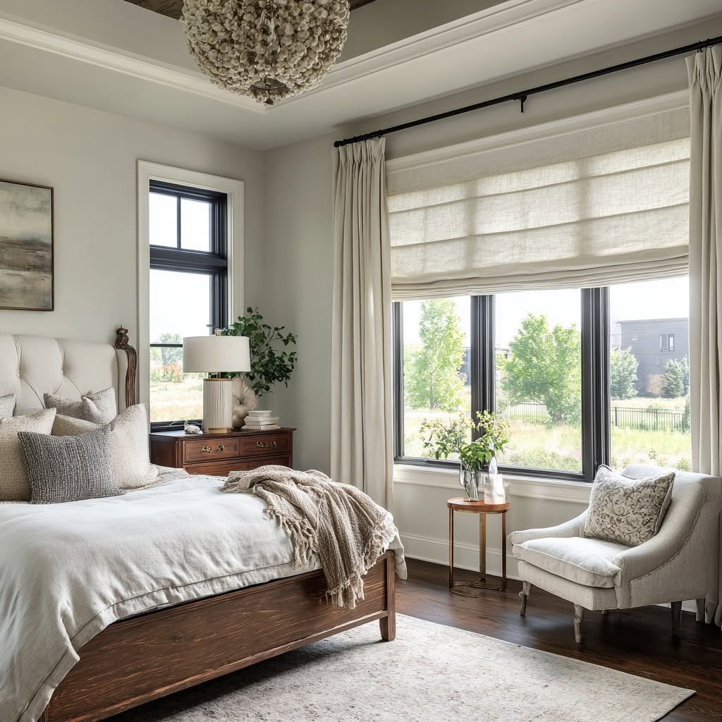Contemporary Sarasota great room with layered drapery, natural woven shades, and floor-to-ceiling windows